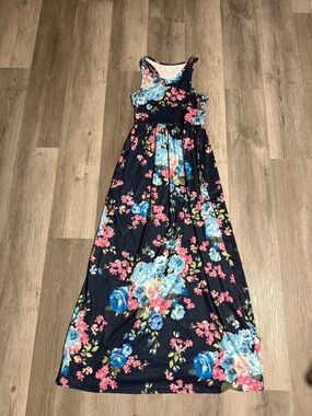 Navy Floral Maxi Dress with Blue & Pink Blooms